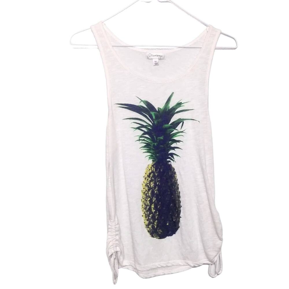 Olsenboye White Pineapple Graphic Tank Top Women’s XS | Adjustable Sides